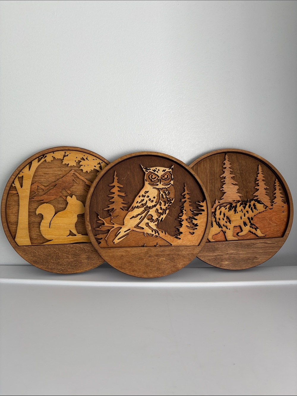 Hand Crafted Wooden Wildlife Wall Circle Decor Set of 3